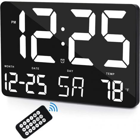 Digitale Wanduhr, 30 cm großes LED-Display, einstellbare Helligkeit, mit Anzeige von Wochentag und Datum, Innentemperatur und Schlummerfunktion. (1/5)