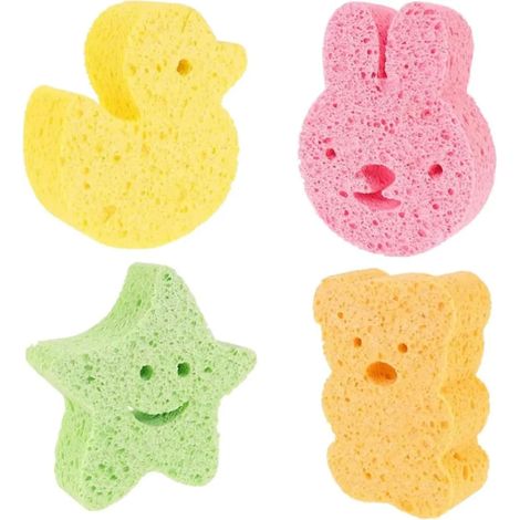 Lot de 4 éponges de bain bébé formes animaux, vert orange rose jaune, douces pour la peau des nourrissons (1/5)