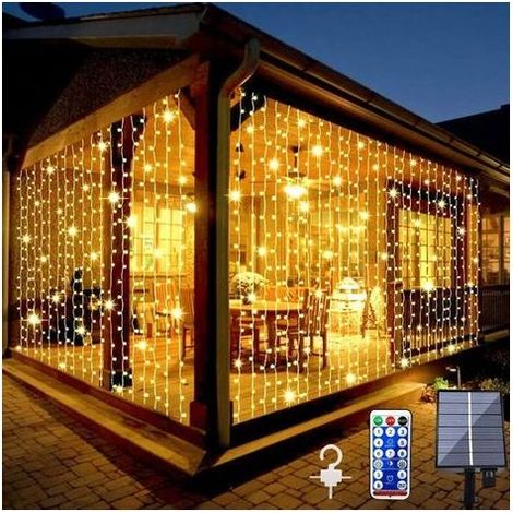 Rideau Lumineux, 200 LED, 3 x 2 m, Solaire, Étanche, 8 Modes d'Éclairage, Télécommande, Décor Jardin, Terrasse, Extérieur, Balcon, Mariage, Noël, Fête (1/4)