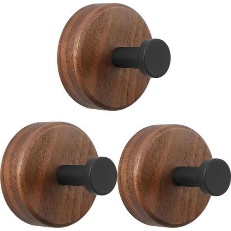 Set mit 3 selbstklebenden Wandhaken aus Holz, dunkelwalnussfarben – rustikales Design, kein Bohren erforderlich, für Handtücher und Accessoires (1/5)