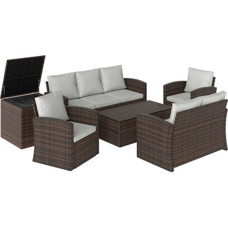 Outsunny conjunto de jardín exterior de ratán, 6 piezas incluye cojines, sofá doble, sofá 3 plazas, 2 sillones, 2 mesas auxiliares con almacenamiento