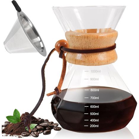 Cafetière à verser 1000ml 33 8oz Cafetière goutte à goutte en verre avec filtre en acier inoxydable 304 verre borosilicaté avec bec en forme de bec de canard poignée (1/5)