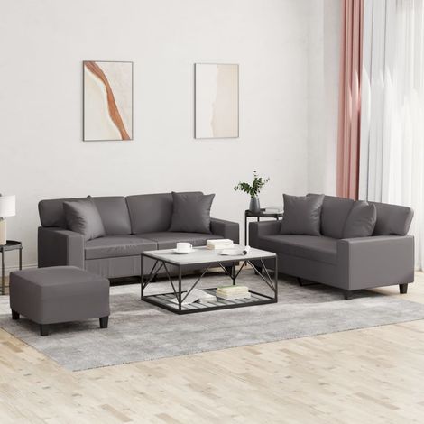 3-tlg. Sofagarnitur mit Kissen Grau Kunstleder (1/5)