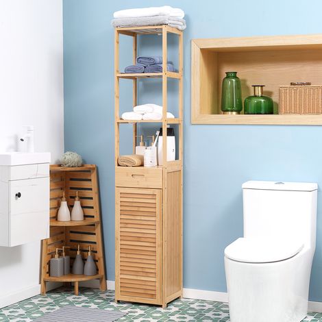 Colonne de salle de bain en bambou avec 1 tiroir, 3 niches ouvertes et placard à porte lamellée, meuble étroit 32 x 30 x 163 cm, bois clair  CHICFURN (1/5)