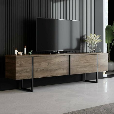 Dmora - Mobile porta TV Centaurus, Credenza da soggiorno, Armadio basso per TV, Base parete attrezzata, 180x30h50 cm, Noce e Nero, con imballo rinforzato, con imballo rinforzato (1/5)