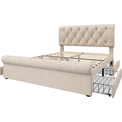 Cama doble capitoné 140x200 cm con 4 cajones, cabecero ajustable y colchón (1/5)
