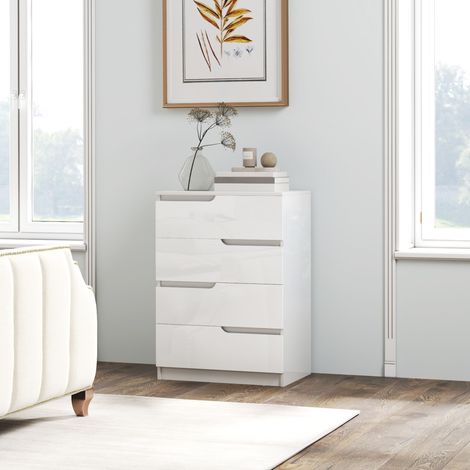 Cassettiera moderna, armadio, 4 cassetti, legno, dispositivo antiribaltamento, piedini, bianco