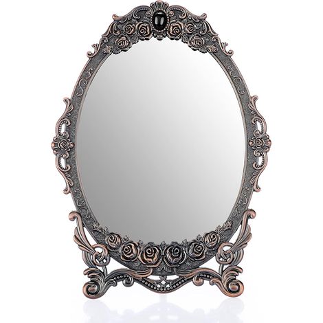 MINKUROW Espejo De Maquillaje Espejo De Escritorio Ovalado Retro Espejo De Tocador De Mesa De Pie Decorativo 26 x 20 Cm (Rojo Cobre) (1/5)