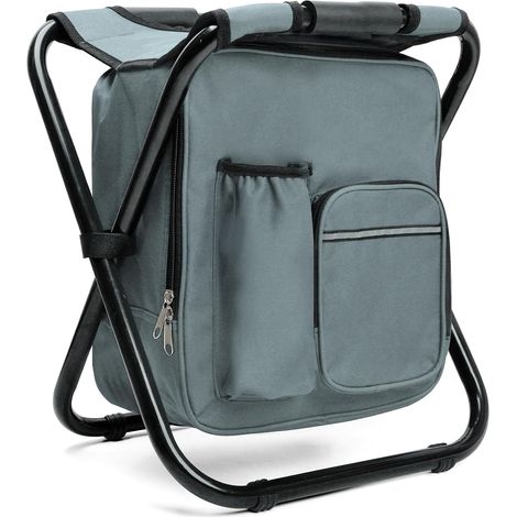 40CM Tabouret Pliable Camping avec Sac Isotherme 15L, Siege de Peche avec Sac à Dos, Compact et Fonctionnel, Chaise Pliante pour Chasse Pique-Nique, Gris (1/5)