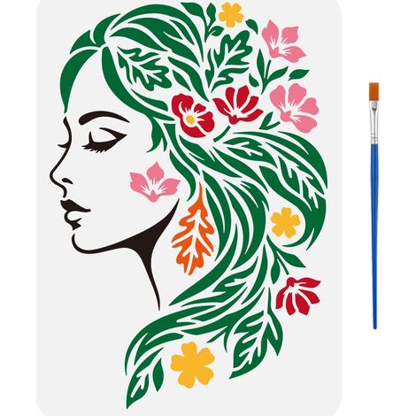 Pochoir Visage Féminin avec Pinceau, 29.7x21cm Pochoirs Thème Femmes Plastique Pochoir Visage Femme Floral Modèles de Dessin pour Peinture sur Bois, Sol, Mur et Tissu (1/5)