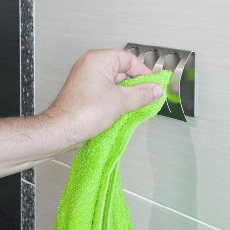 Porte Serviette Salle de Bain Adhésif, Patère Torchons Cuisine avec 3 Crochets INOX Brossé, 10 kg (1/3)