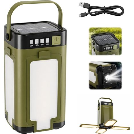 Lampe de camping solaire rechargeable par USB-C, 4 lumières réglables, 6 modes d'éclairage, batterie 2000 mAh, étanche IPX4, pliable avec crochets pour le camping, la randonnée et les situations d'urg (1/5)