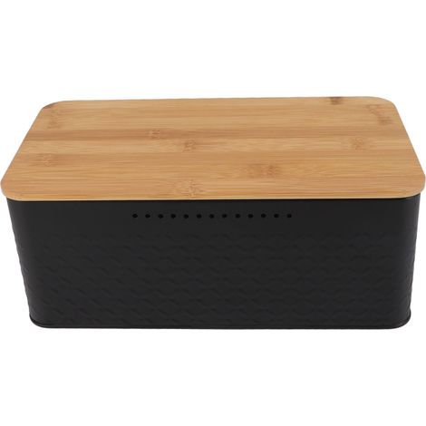 Boîte à pain rectangulaire de grande capacité avec couvercle en bambou perforé de trous d'aération, idéale pour le plan de travail (noir). (1/5)