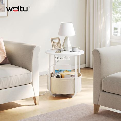 WOLTU Mesa auxiliar, mesa de centro, con cesta extraíble, 2 enchufes, 1 puerto USB y 1 puerto USB-C, redonda, blanca y beige