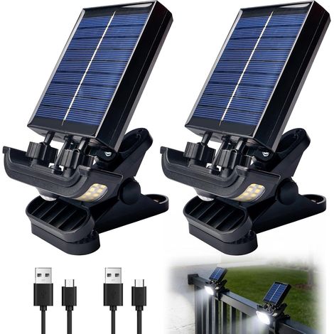 Lot De 2 Lampes Solaires Avec Clip Avec Détecteur De Mouvement, Lampes Solaires Exterieur À Clipser Avec Détecteur De Mouvement,600 Lx Usb À 270° Pour Clôtures Et Gouttières De Jardin,Lumière Blanche
