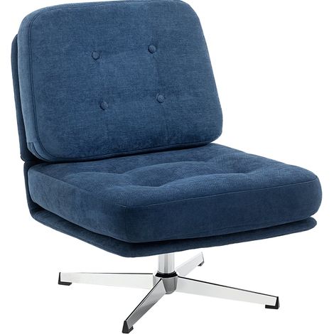 Dunkelblauer Chenille-Drehsessel mit breiter Sitzfläche und Metallgestell (1/4)