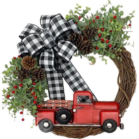 Handgefertigter Vintage-Weihnachtskranz aus Rattan, LKW-Motiv, karierter Bogen, Anhänger für Haustür, Garten oder Bauernhof.
