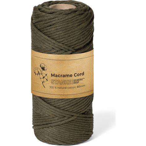STANKE Fil macramé 3mm 100 m couleur Vert olive - fil de coton pour crochet, DIY boho, paniers, attrape-rêves - corde coton pour guirlandes, dessous de verre, sacs - 100% cotton, torsadé, doux