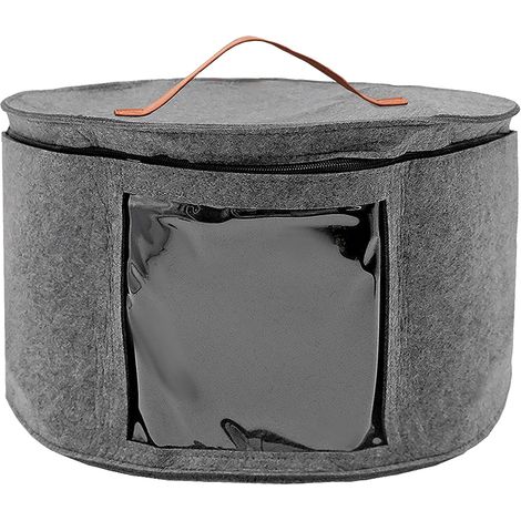 Runde, faltbare Hutaufbewahrungsbox – mit Deckel und Reißverschluss – mit Ledergriff – transparent – für Kleiderschrank oder Reisen – 42 x 26 cm – Grau (1/5)
