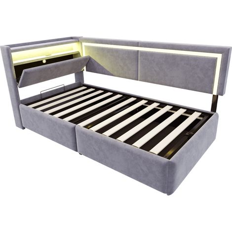 Letto imbottito 90x200 cm in velluto grigio chiaro con LED, USB e contenitore idraulico (1/5)