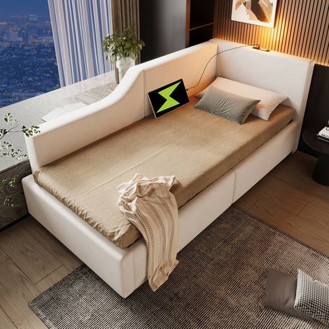 Lit banquette 90 x 190 cm en velours beige avec rangement hydraulique, lumière de lecture et port usb-c (1/5)