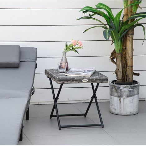Klappbarer Gartentisch aus grauem Polyrattan mit Metallgestell, 40 x 40 x 40 cm (1/5)