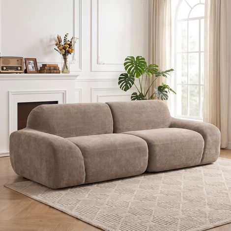 Canapé 3 Places en Chenille 244 cm, Canapé Salon Moderne, Assise et Accoudoirs Larges, Ressorts Ensachés, Marron Clair