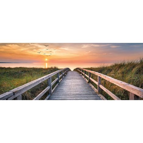 Tableau paysage bord de mer | Tableau sur toile pont et champ avec coucher de soleil | Tableau été moderne pour bureau 1,0 x 0,4 m (1/2)