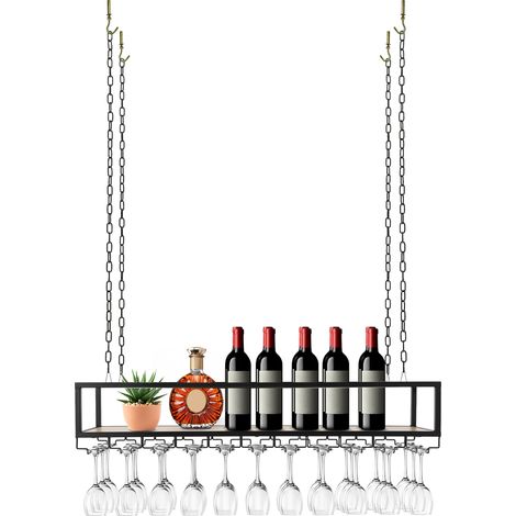 Étagère à vin suspendue au plafond 110 cm – Porte-bouteilles de vin industriel avec porte-verres – Hauteur réglable – Charge 75 kg – Pour cave, cuisine et bar (1/5)