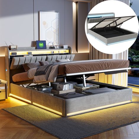 Letto contenitore 160x200 cm - letto matrimoniale con porta USB integrata, striscia LED e deposito, sommier a doghe in legno, letto imbottito in velluto - Grigio