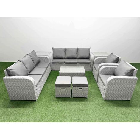 Fimous PE Rattan High Back Lounge Sofa Set Patio Coffee Table & Chairs Set with 3 Seater Sofa Reclining Chair Stools 2 Side Table Light Grey (1/4)