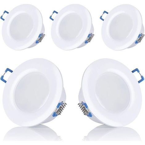 Lot de 5 spots LED, encastrables, pour salle de bain, IP44, 230 V, ultra plats, 5 W, disponibles en blanc chaud et blanc froid, ronds, blanc, pour salle de bain，Diamètre d'ouverture : 75-80mm [Classe (1/4)