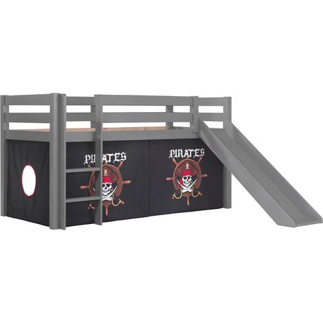 SLEEPY - Lit Mi-Haut Tobogan Laqué Gris 90x200cm Housse Pirates (1/4)