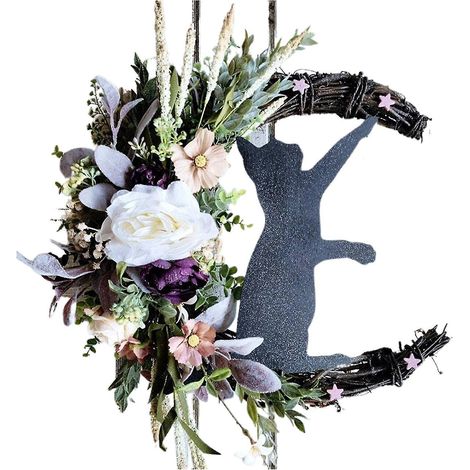 Couronne de chat lunaire pour Halloween, décorations de porte, brindilles, chatons, fleurs artificielles, couronne en forme de chat lunaire - A7 (1/5)