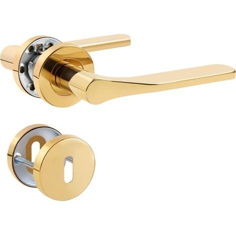 Poignée de porte dorée - acier inoxydable mat - Poignée de porte pour porte d'entrée et porte intérieure - en forme de L - Poignée de lit BB - Rosace ronde (1/5)