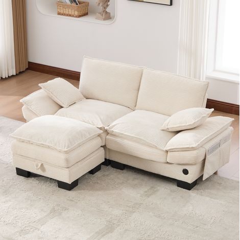 Sofá 2 plazas de pana beige con otomana arcón, USB-C y bolsillos laterales, 190x132x84 cm (1/5)