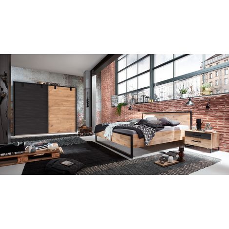 Pegane – Ensemble chambre adulte complète imitation chêne poutre – Lit 180 x 200 cm – 2 chevets avec 2 tiroirs – Armoire coulissante 200 cm (1/2)