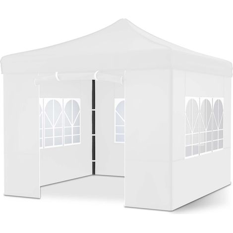Pavillon 3x3m Tonnelle de jardin pliable Blanc avec fenêtres Sac de rangement inclus
