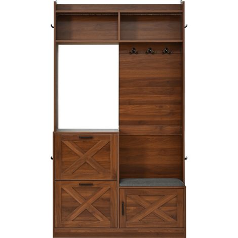 Garde-robe compacte pour entrée avec LED réglable, miroir intégral et deux portes à chaussures en noyer (1/5)