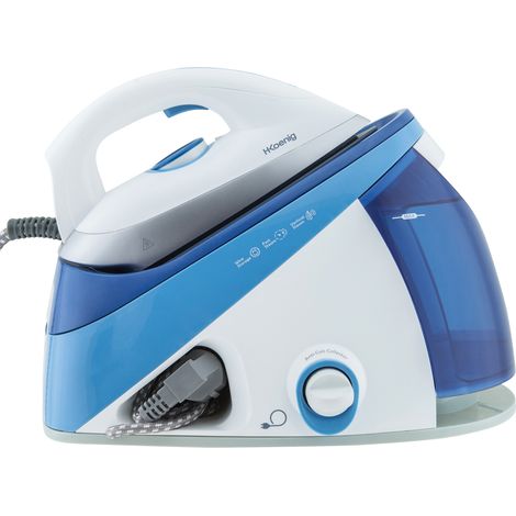 Centro de Planchado 2400 W, 150 g/m, 5 Bares, Suela de Cerámica “EasyGlide”, Depósito de Agua extraíble de 1.1 L, Autonomía Ilimitada, Control Manual de la Temperatura, Azúl. HKoenigV24 (1/5)