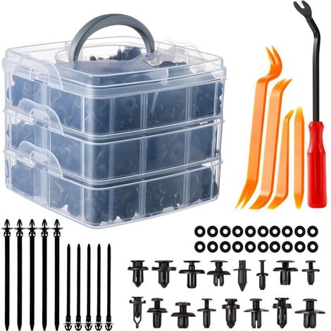 Clips Voiture, 665 Pcs Rivet Clips Plastique Fixation Noir Universel pour Auto Voitures Panneaux Garnitures de portières avec Boîtier de Rangement et Outil Démontage Installation (1/5)