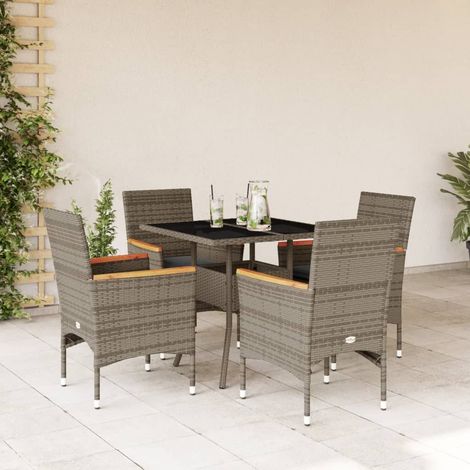 Set comedor jardín 5 pzas y cojines ratán sintético vidrio gris vidaXL (1/5)