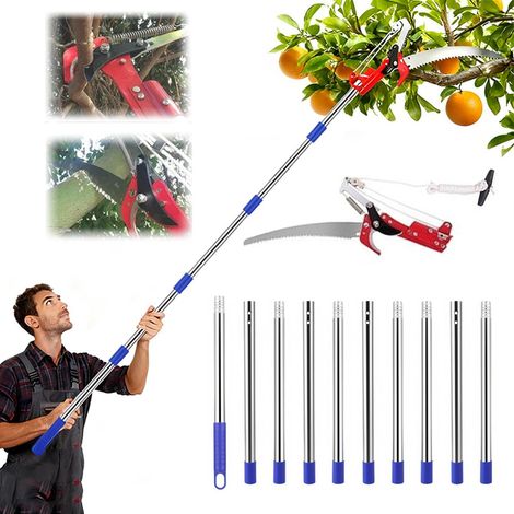 Coupe Branche Telescopique,Scie d'Élagage Manuelle,Secateur Telescopique Réglable En Hauteur Sur 5 m,Avec 10 Poteaux Alliage Aluminium Pour Élagage Coupe Branches Hautes Palmiers Arbustes(Bleu) (1/5)