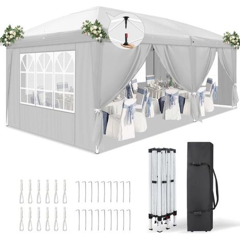 Tente pliante instantanée blanche 0'x20', 6 panneaux, 2 portes, 4 fenêtres filet, acier thermolaqué 28/22 mm, barre 10x20 mm, toile Oxford 210D, sac transport inclus, sacs sable non inclus (1/5)