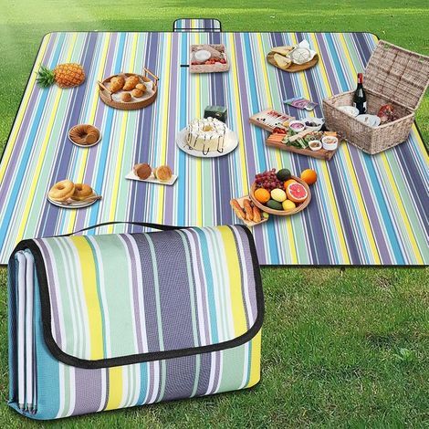 Couverture de Pique-nique Imperméable Tapis de Plage 200x300cm Lavable Léger avec Poignée Bleu Rayures Verticales Convient pour Randonnée, Voyage, Extérieur, Camping, Parc (1/5)