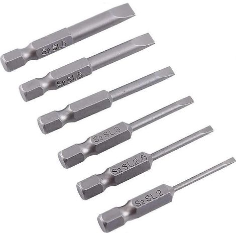 Jeu de 6 embouts de tournevis plats et fendus de 50 mm (2,0-6,0 mm) en alliage S2 magnétique, hexagonaux et fendus de 0,25 pouce. (1/5)