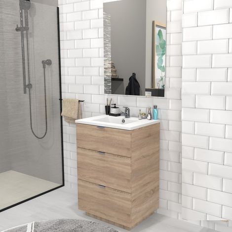 Meuble sous-vasque 3 tiroirs MARBELLA 60 cm + vasque + miroir / Décor Chêne blanchi/