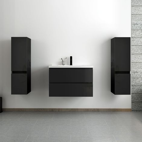 Acezanble – Ensemble meuble salle de bain 80 cm noir brillant – 2 tiroirs à fermeture automatique – Lavabo céramique simple – 2 colonnes suspendues
