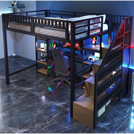 Cama dormitorio juvenil con escritorio y LED negra OKMYHOME (1/5)