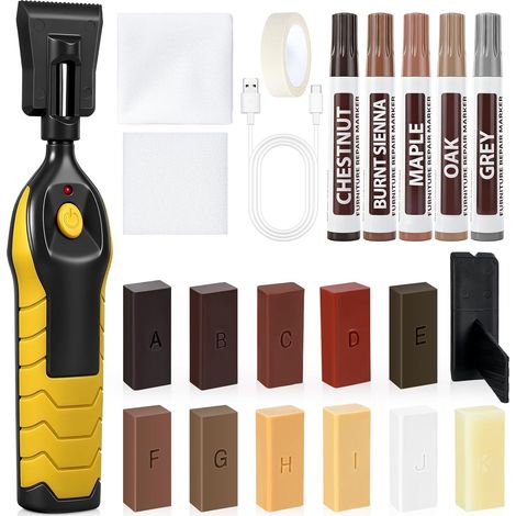 Kit De Réparation Pour Stratifié, Kit Réparation Carrelage Avec Fondoir De Cire, 11 Blocs De Cire 5 Marqueurs Kit Réparation Parquet Pour Meubles, Sols En Bois Répare Les Rayures, Les Trous (1/5)